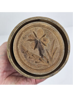 Vintage Wooden Butter Mold Press Floral Folk Art Carved Round Primitive Kitchen
